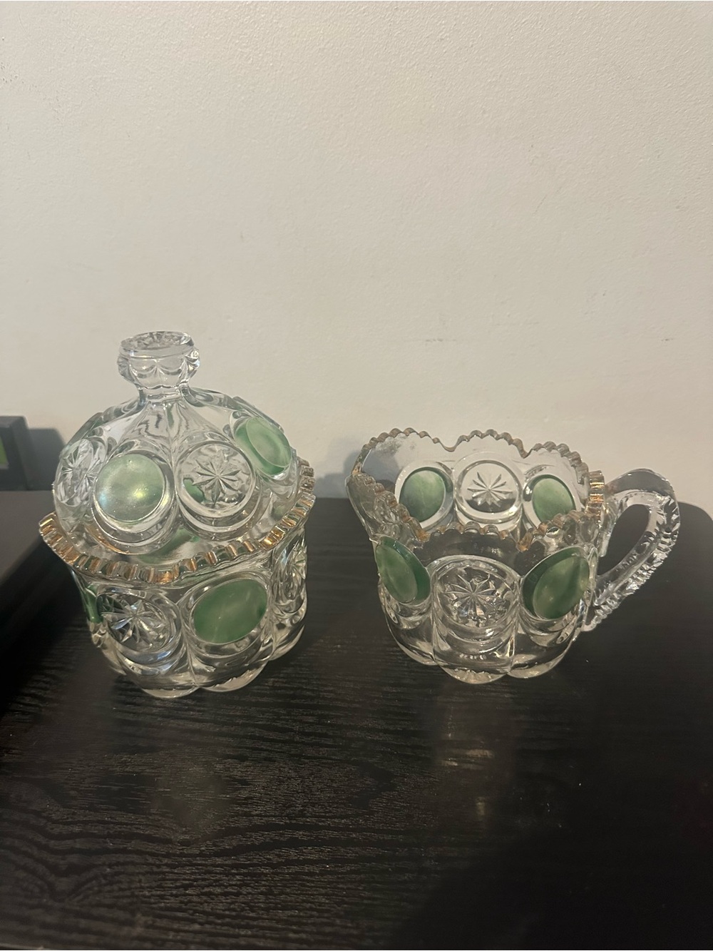 Clear Glass Sugar and Creamer Set with Green Cabochon Insets